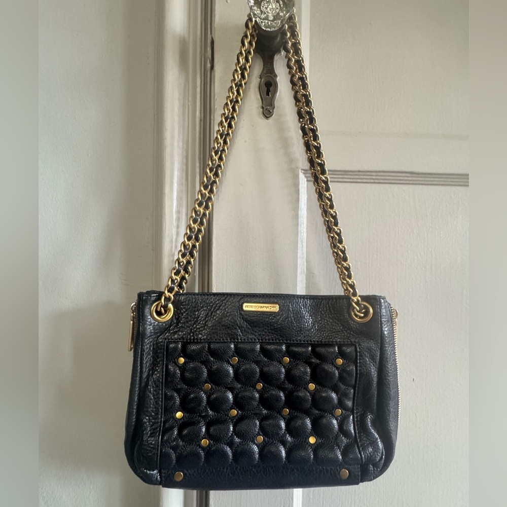 Rebecca Minkoff Black Quilted, Gold Studded, Leather Shoulder Bag